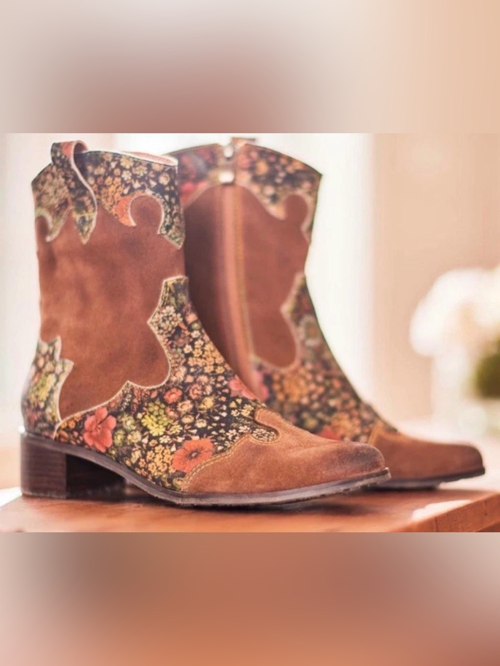 L'ATISTE Brown Floral Suede Ankle Booties